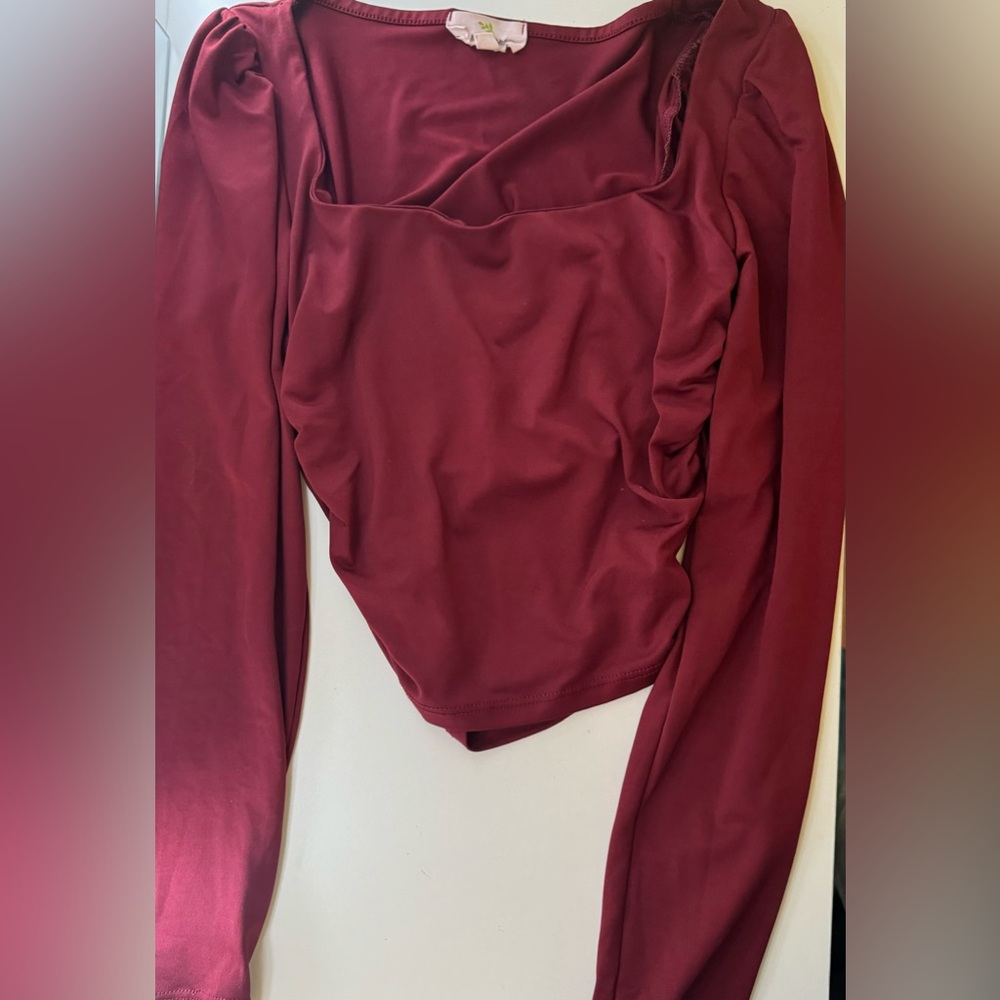 Burgundy Red Ruched Long Sleeve Top